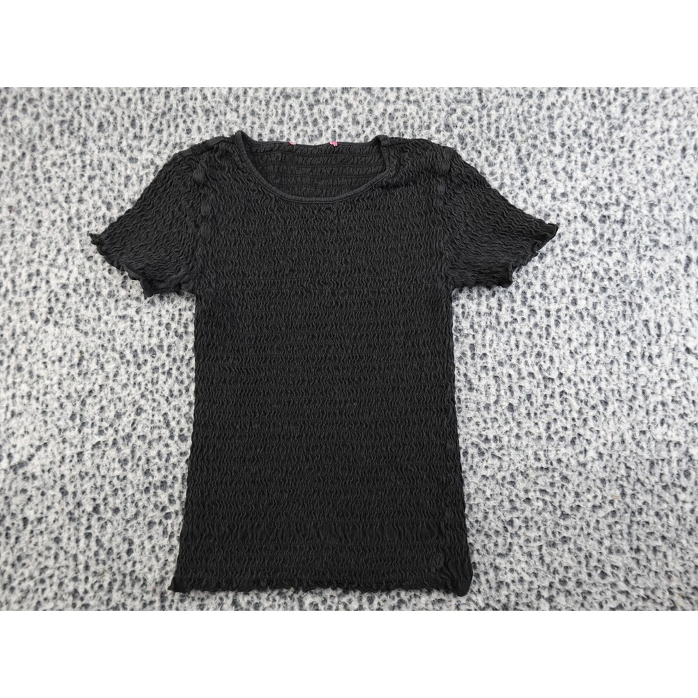 Adika Popcorn Crinkle Top Women XS Black Y2K Lettuce Edge Short Sleeve